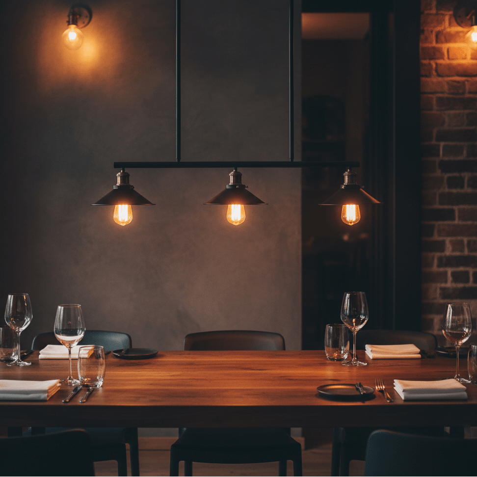 Haley Trio Black & Brass Pendant Light illuminating a wooden dining table in a stylish café setting.