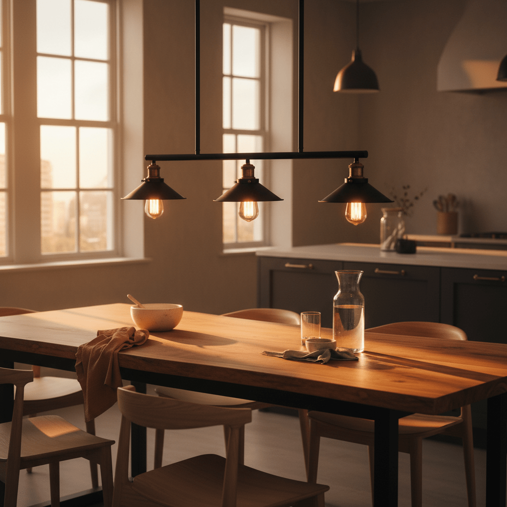 Haley Trio Black & Brass Pendant Light illuminating a wooden dining table in a modern café setting.