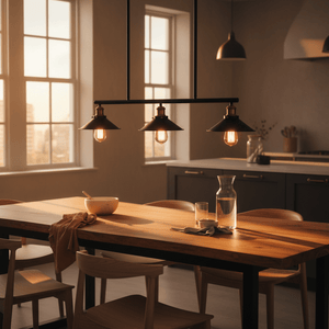 Haley Trio Black & Brass Pendant Light illuminating a wooden dining table in a modern café setting.