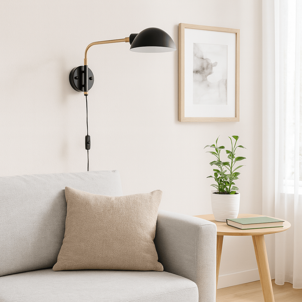 Stylish black and antique brass wall light mounted beside a cozy sofa with a beige pillow and plant.