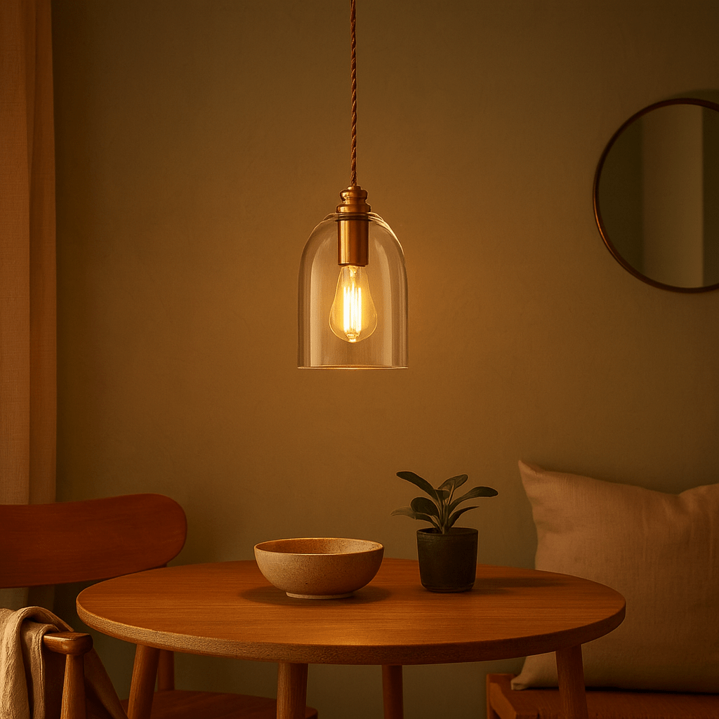 Bronze Pendant, Red Cord & Clear Glass