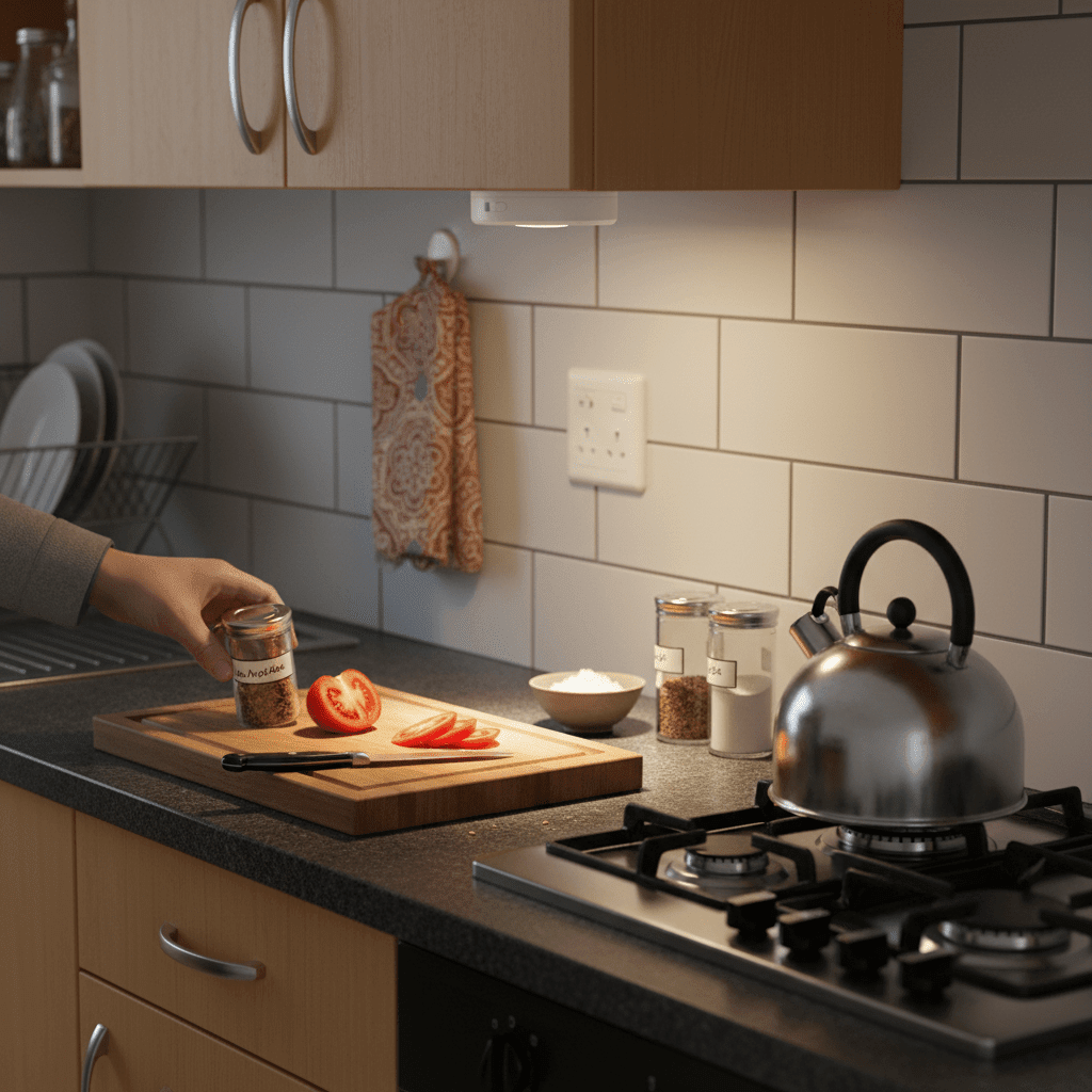 A hand reaching for a spice jar while a rechargeable LED cabinet light illuminates a kitchen countertop.
