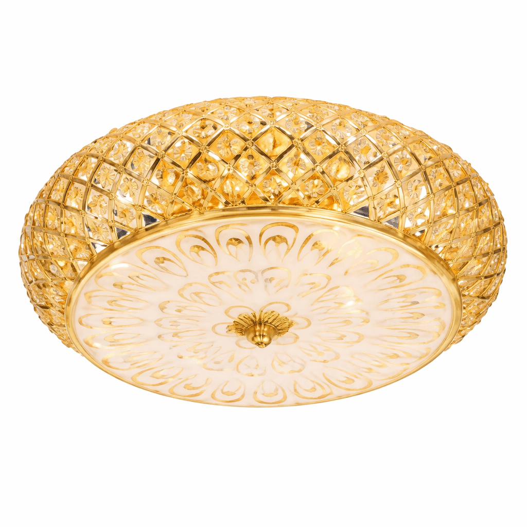 Gold ceiling light fixture with intricate design on a white background