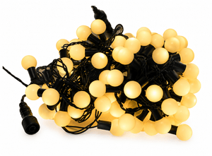 Connectable LED ball string lights with yellow bulbs on a black wire, coiled together.