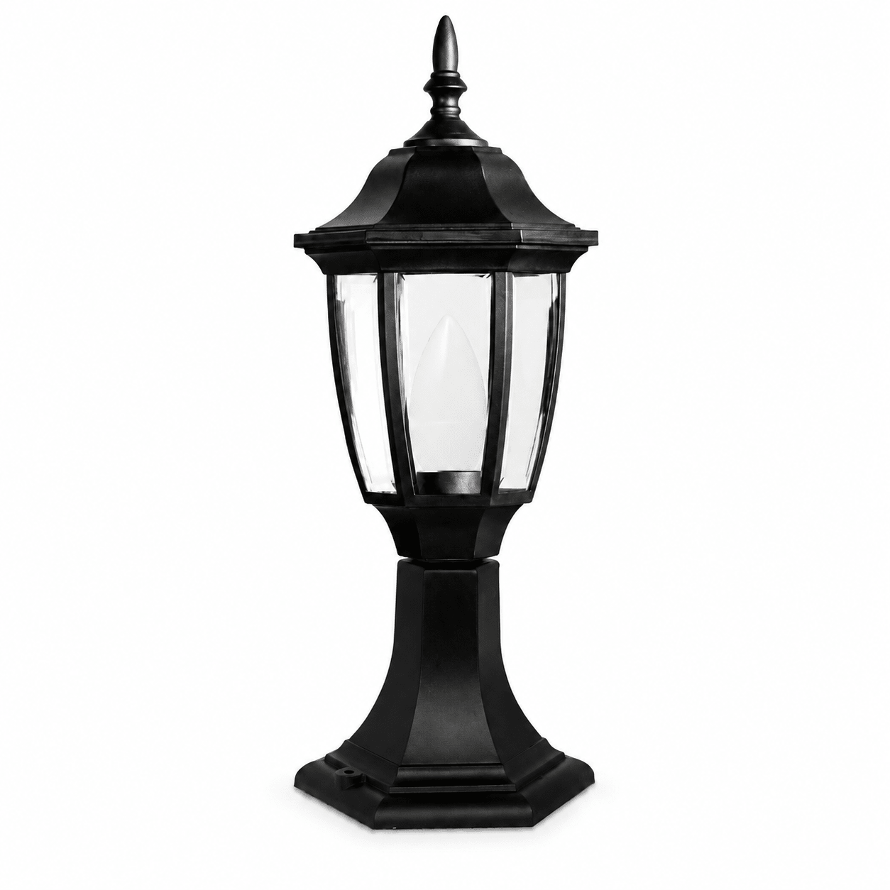 Elegant black outdoor wall light with beveled panels, ideal for entrance areas.