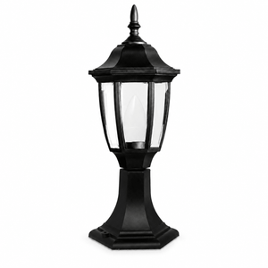 Elegant black outdoor wall light with beveled panels, ideal for entrance areas.
