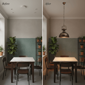 Before and after comparison of a dining area with a metal pendant light, showcasing improved ambiance.
