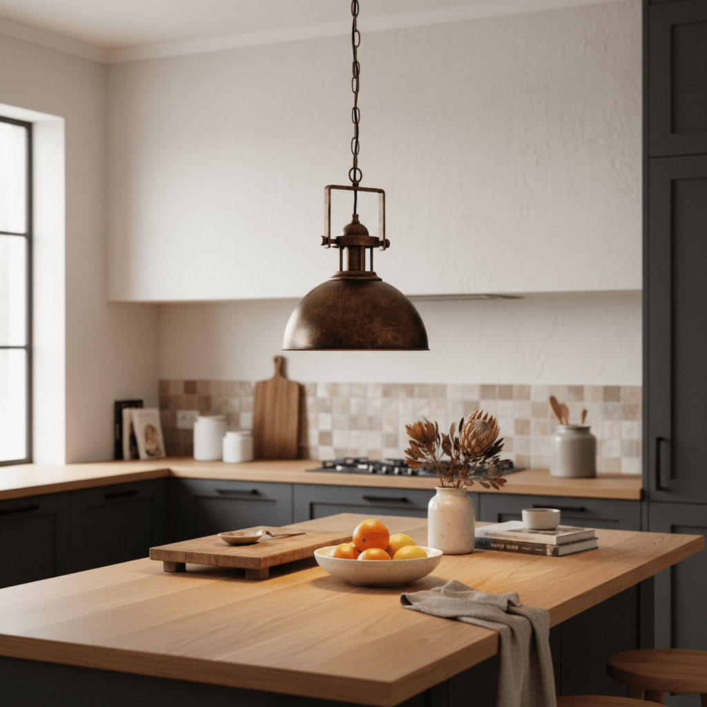 Stylish black and gold pendant light hanging over a kitchen island with fruit and decor.
