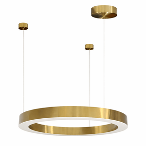 Gold circular LED pendant light with white diffuser, suspended by three wires against a white background.