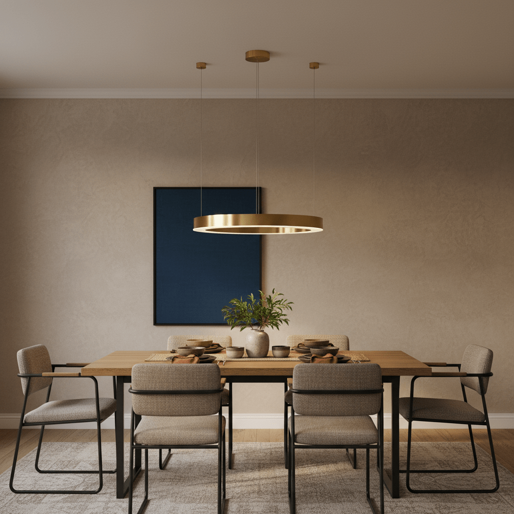 Halo Gold LED Pendant light hanging above a modern dining table set with dishes and a plant.