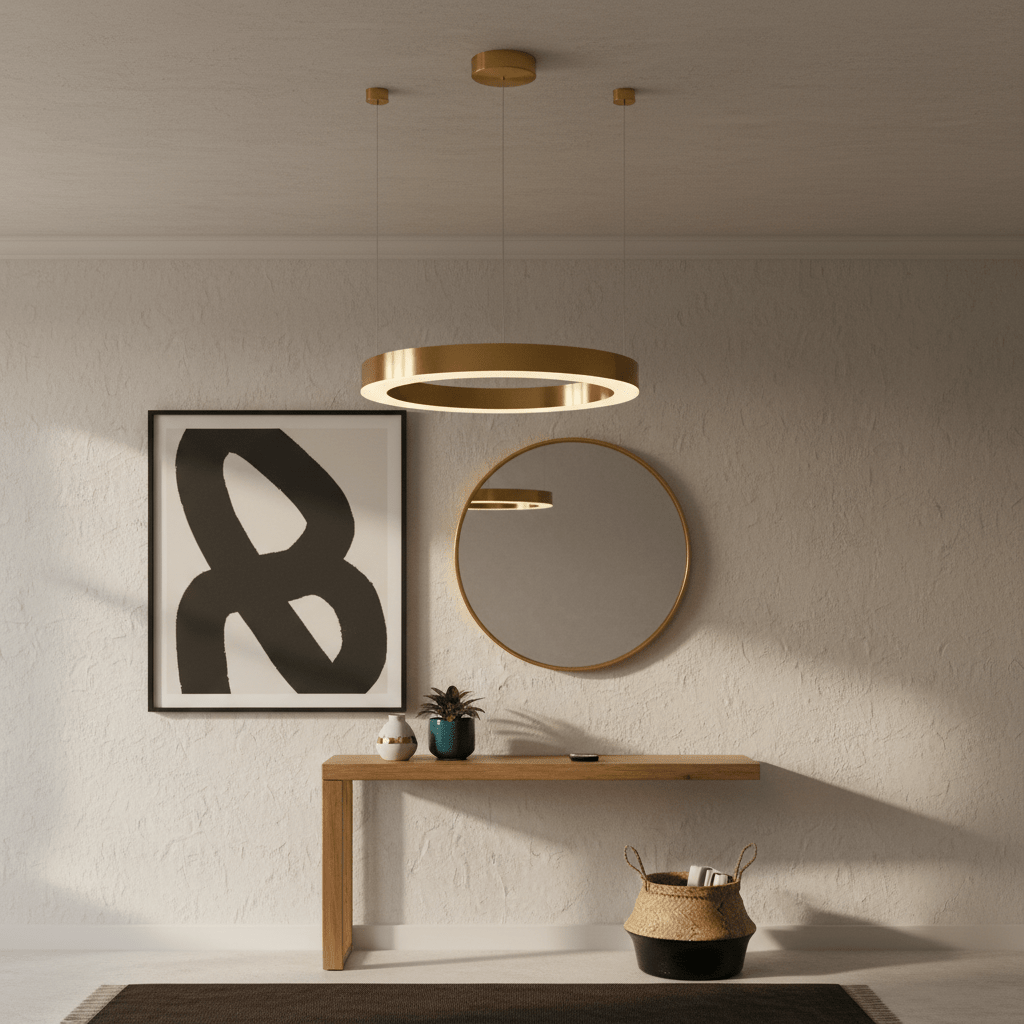 Halo Gold LED Pendant light hanging above a wooden console table with a mirror and artwork in a modern interior.