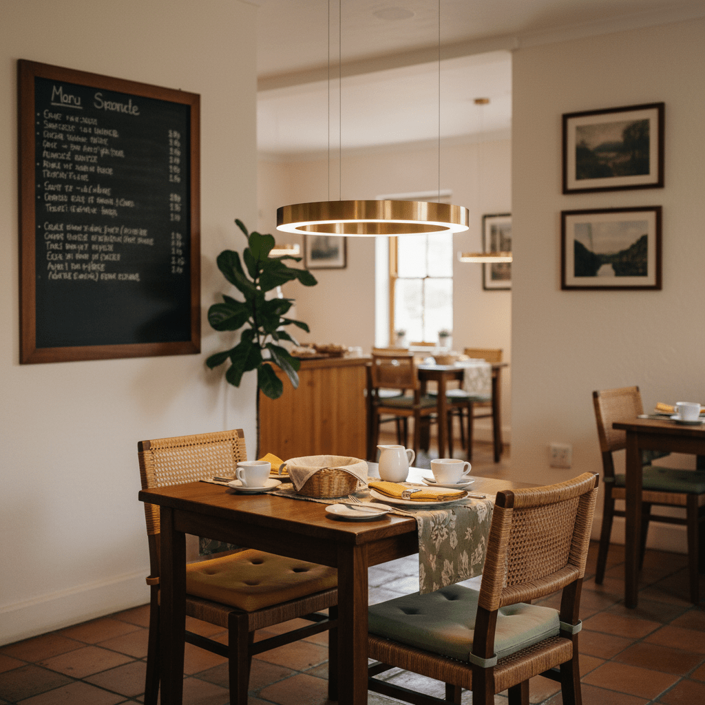 Halo Gold LED Pendant light hanging above a dining table set with cups and a basket in a cozy restaurant.