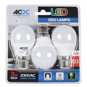 Value pack of three LED golf ball bulbs in packaging, showcasing E27/B22 bases and energy-saving features.