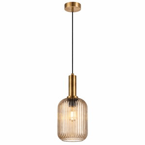 Athina Amber Cut Glass Pendant light with antique brass trim and amber shade.