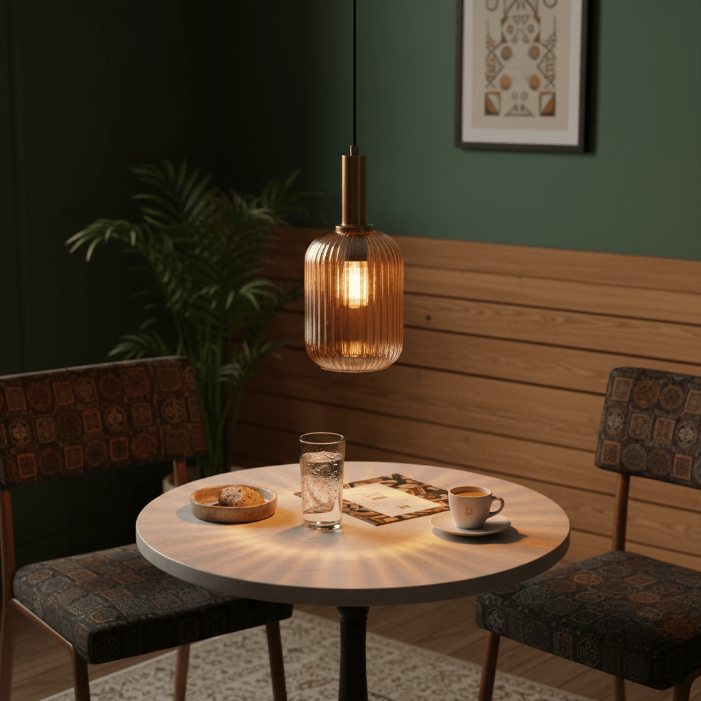 Amber cut glass pendant light hanging above a round table set with coffee, water, and cookies.