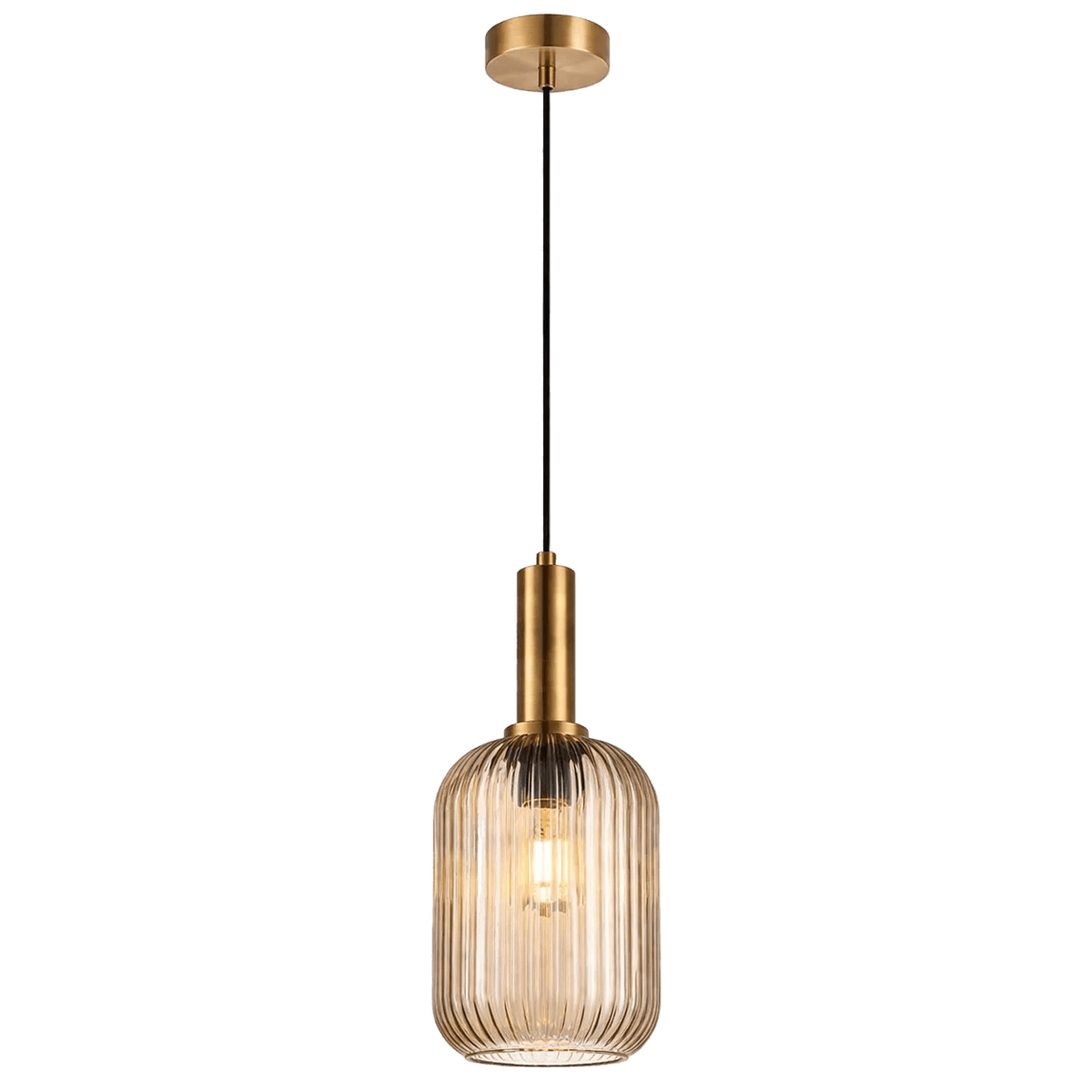 Amber cut glass pendant light with a ribbed design, gold metal accents, and a black hanging cord.