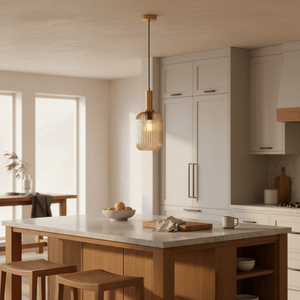 Amber cut glass pendant light hanging over a kitchen island with a bowl of lemons.