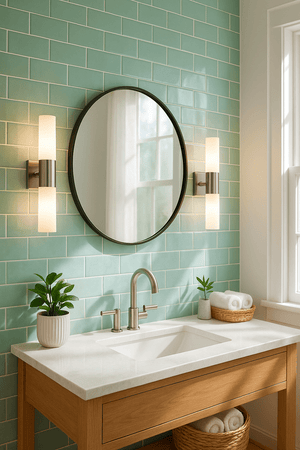 Satin chrome indoor wall light mounted beside a round mirror over a bathroom sink with green tiles.