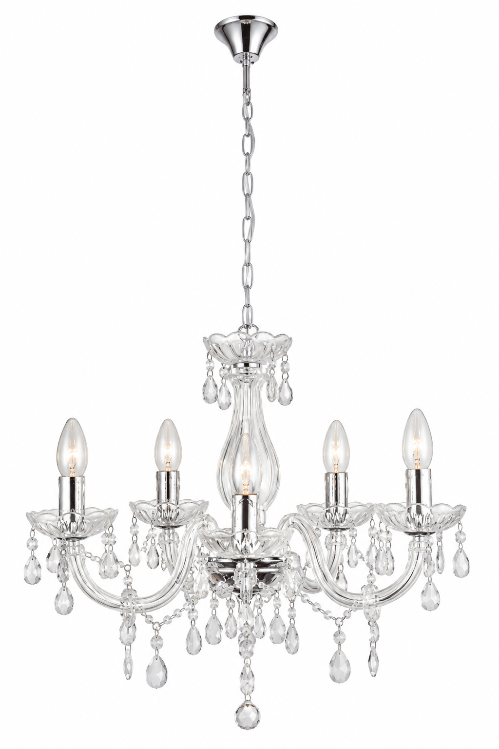 Chandelier with clear glass and silver metal accents on a white background