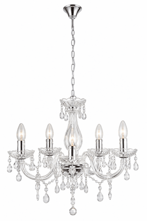 Chandelier with clear glass and silver metal accents on a white background