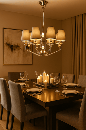 Champagne gold ceramic chandelier above a dining table set with candles and glassware.