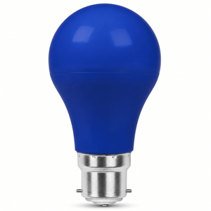 3W A60 LED bulb with a blue finish and B22 cap, designed for decorative indoor lighting.