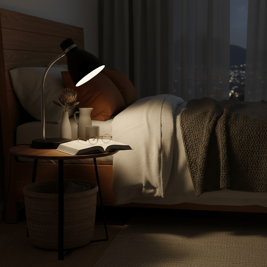 Gooseneck black metal desk lamp illuminating an open book on a bedside table, with cozy bedding in the background.