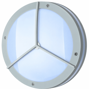 Grey round outdoor LED bulkhead wall light with protective grille