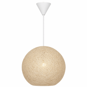 Beige woven pendant light on a white background