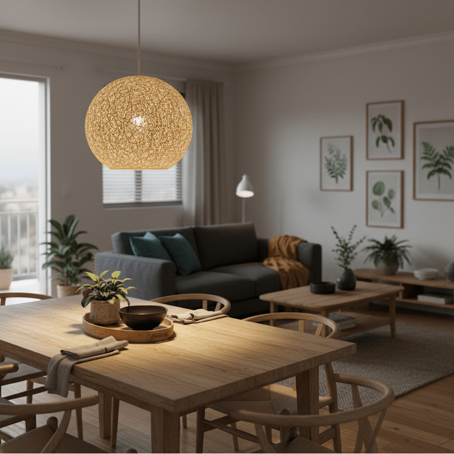Natural twine cover pendant light hanging above a wooden dining table, creating a warm ambiance in a cozy living space.