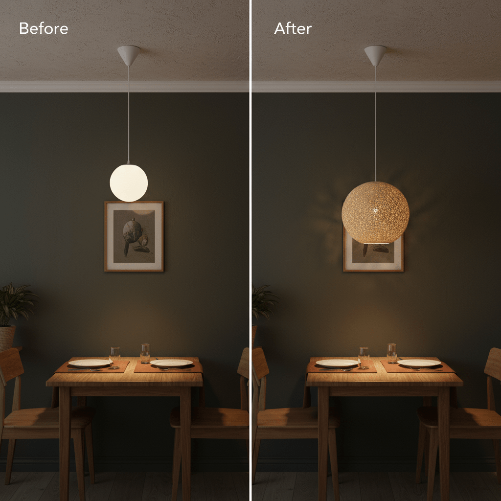 Before and after comparison of a dining table with a pendant light, showcasing a natural twine cover pendant.