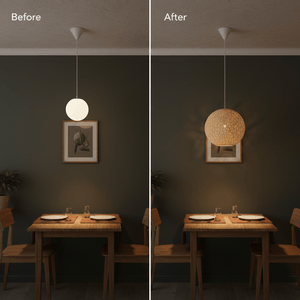 Before and after comparison of a dining table with a pendant light, showcasing a natural twine cover pendant.