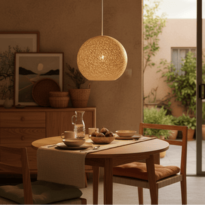 Natural twine cover pendant light hanging above a wooden dining table set with dishes and a pitcher, creating a warm