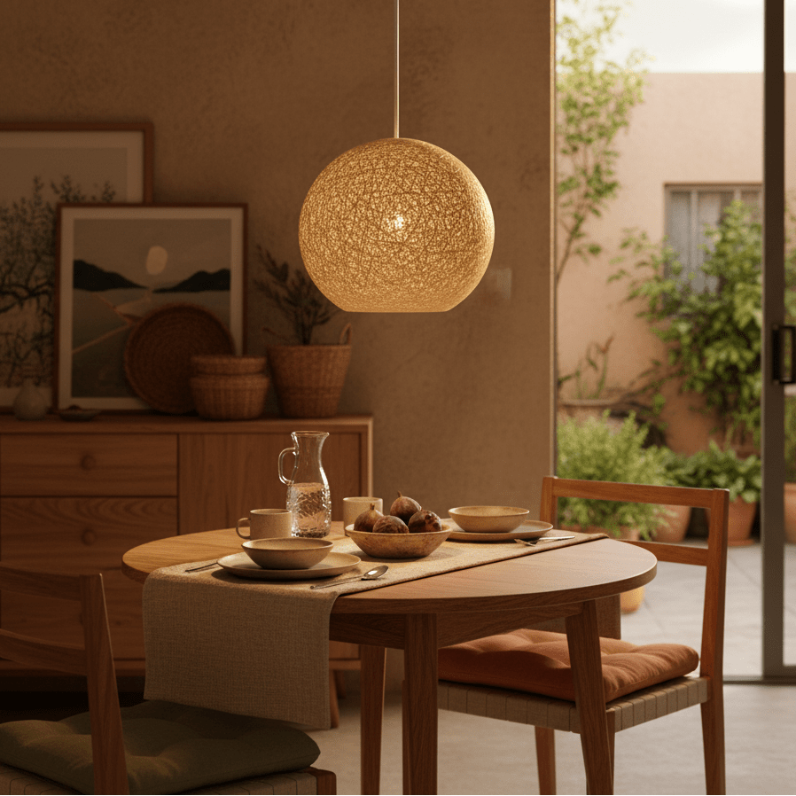 Natural twine cover pendant light hanging above a wooden dining table set with dishes and a pitcher, creating a warm