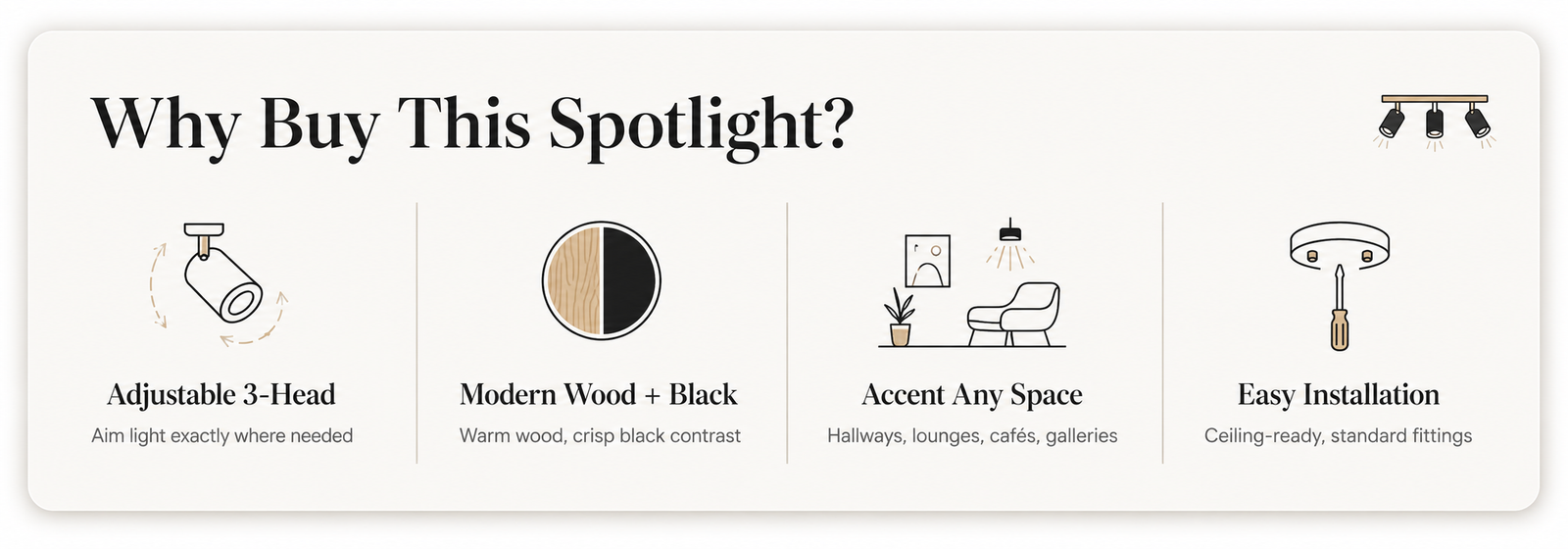 Black and Light Wood Spotlight Adjustable 3-Head