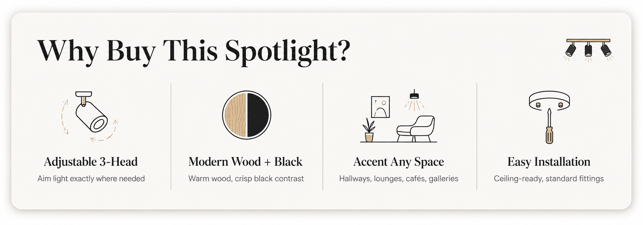 Black and Light Wood Spotlight Adjustable 3-Head