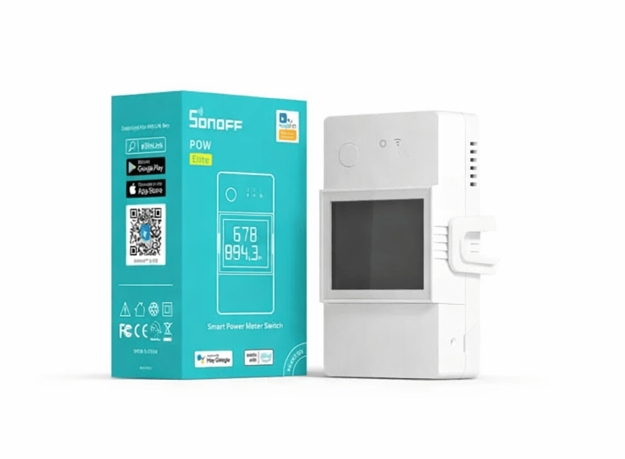 White Sonoff device with its packaging on a white background