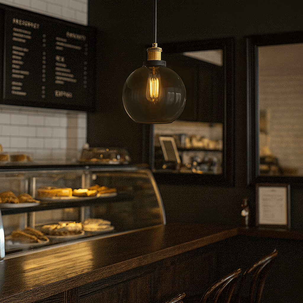 Pendant light hanging above a counter in a dimly lit cafe.