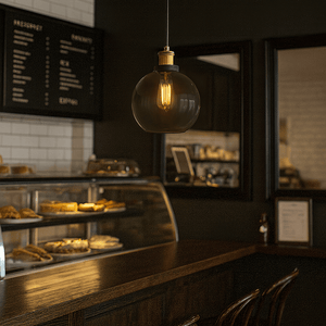 Pendant light hanging above a counter in a dimly lit cafe.
