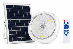 500 Lumen Solar Bulkhead Light with solar panel and remote control, showcasing a practical outdoor lighting solution.