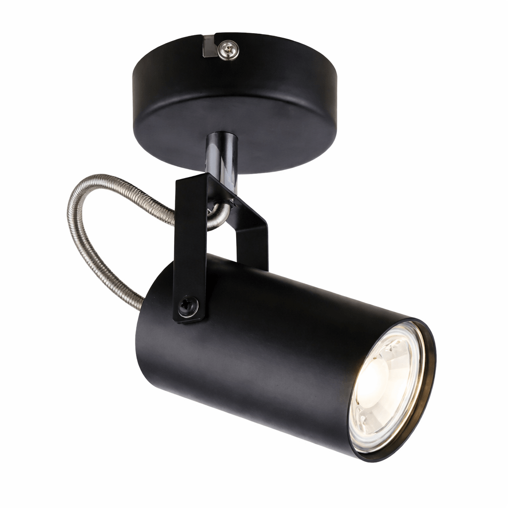 Black spotlight with adjustable arm on a white background