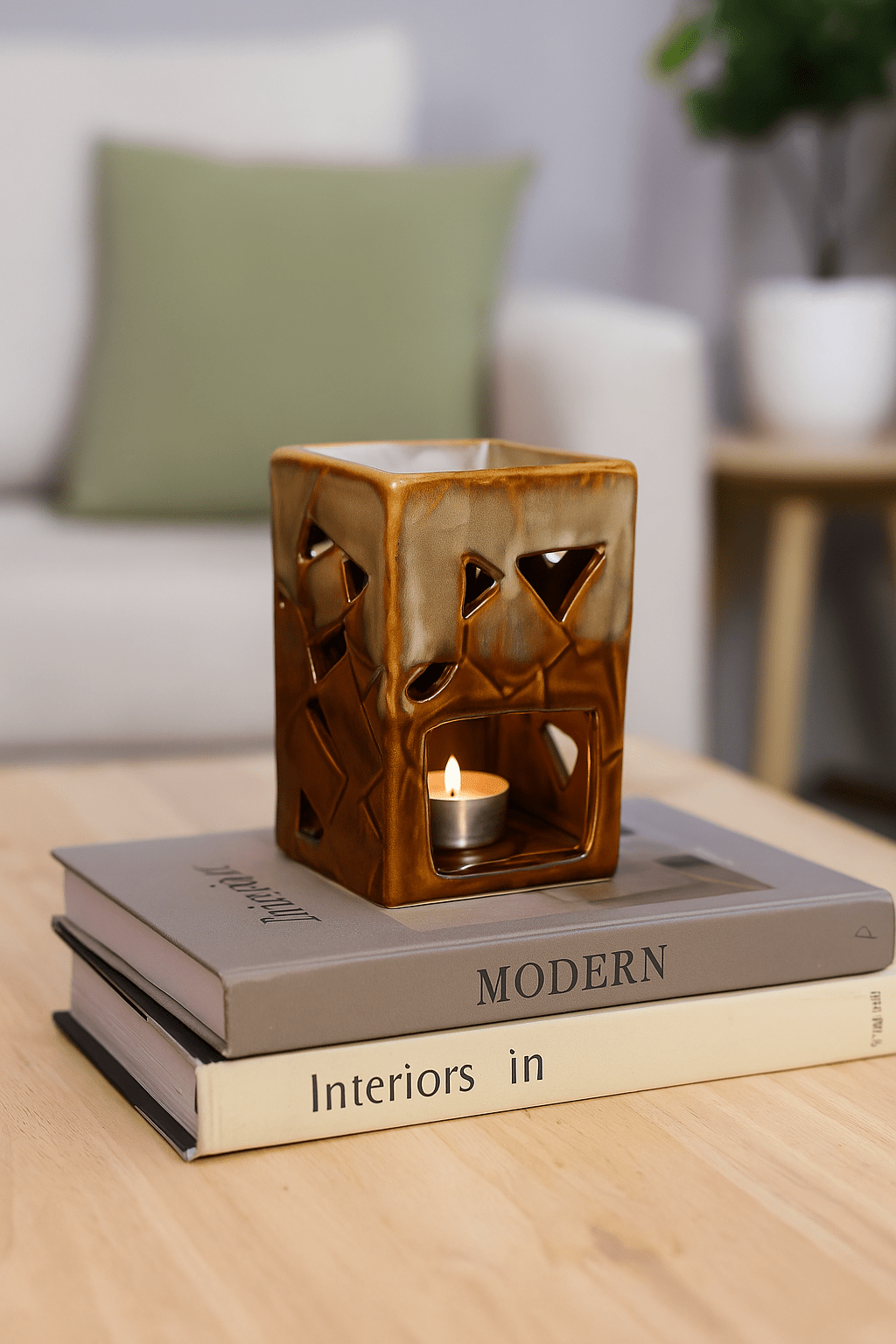 Ceramic Aromatherapy Rectangle Burner Cream and Brown - Future Decor