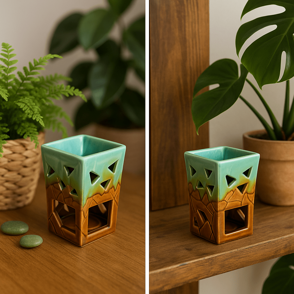 Ceramic Aromatherapy Rectangle Burner in Green and Brown - Future Decor