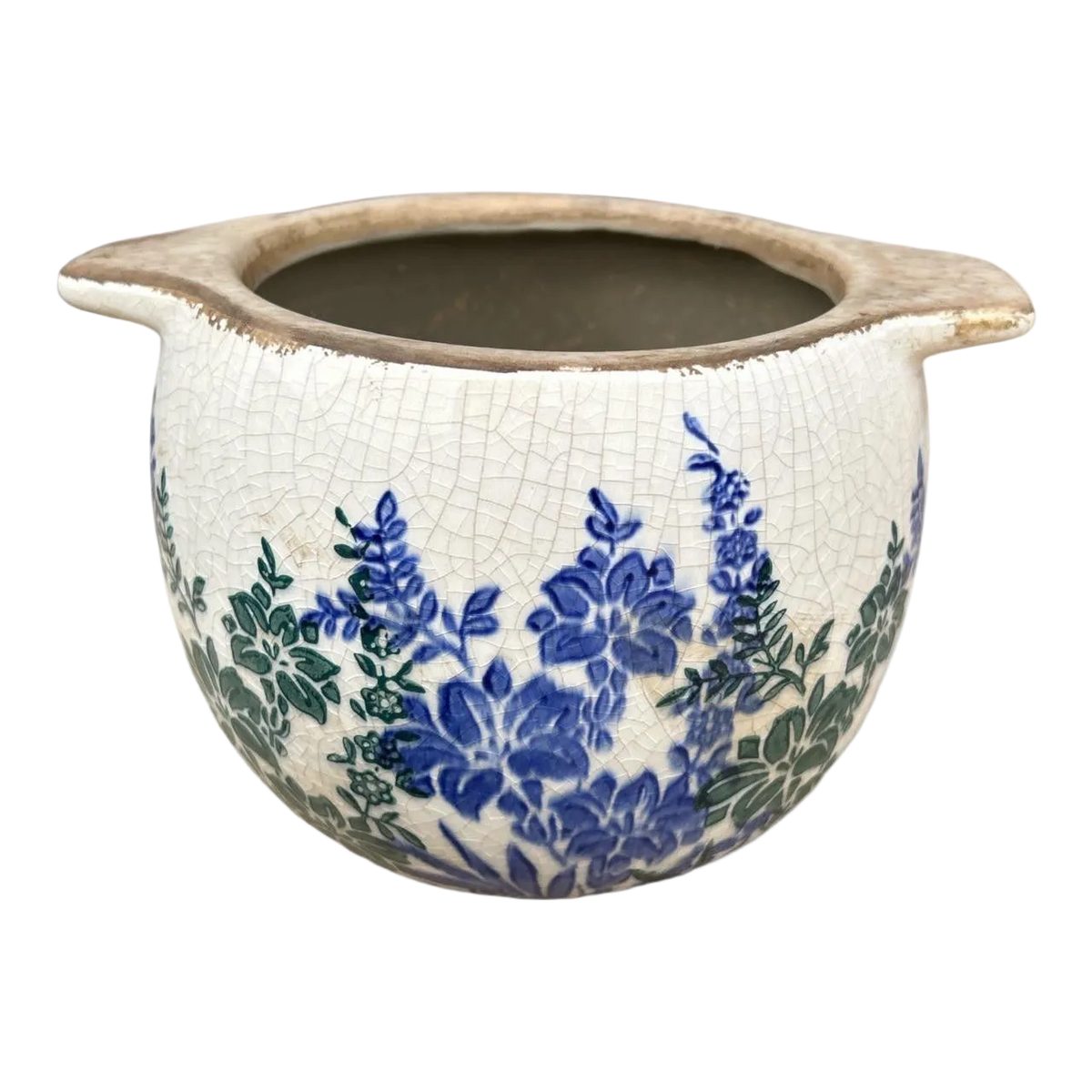 Ceramic Handled Pot - Blue & Green Flowers
