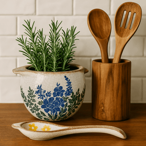 Ceramic Handled Pot - Blue And Green Flowers - Future Decor