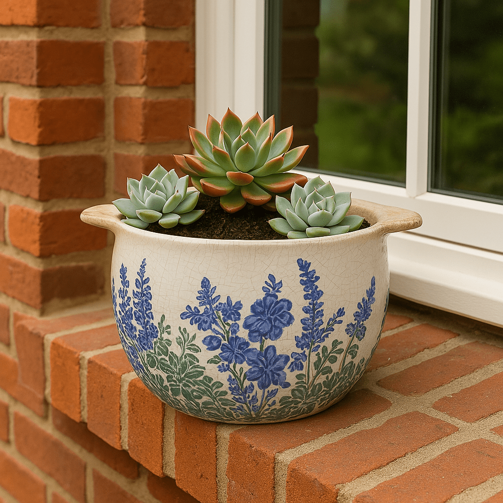 Ceramic Pot - Blue And Green Floral Silhouettes - Future Decor
