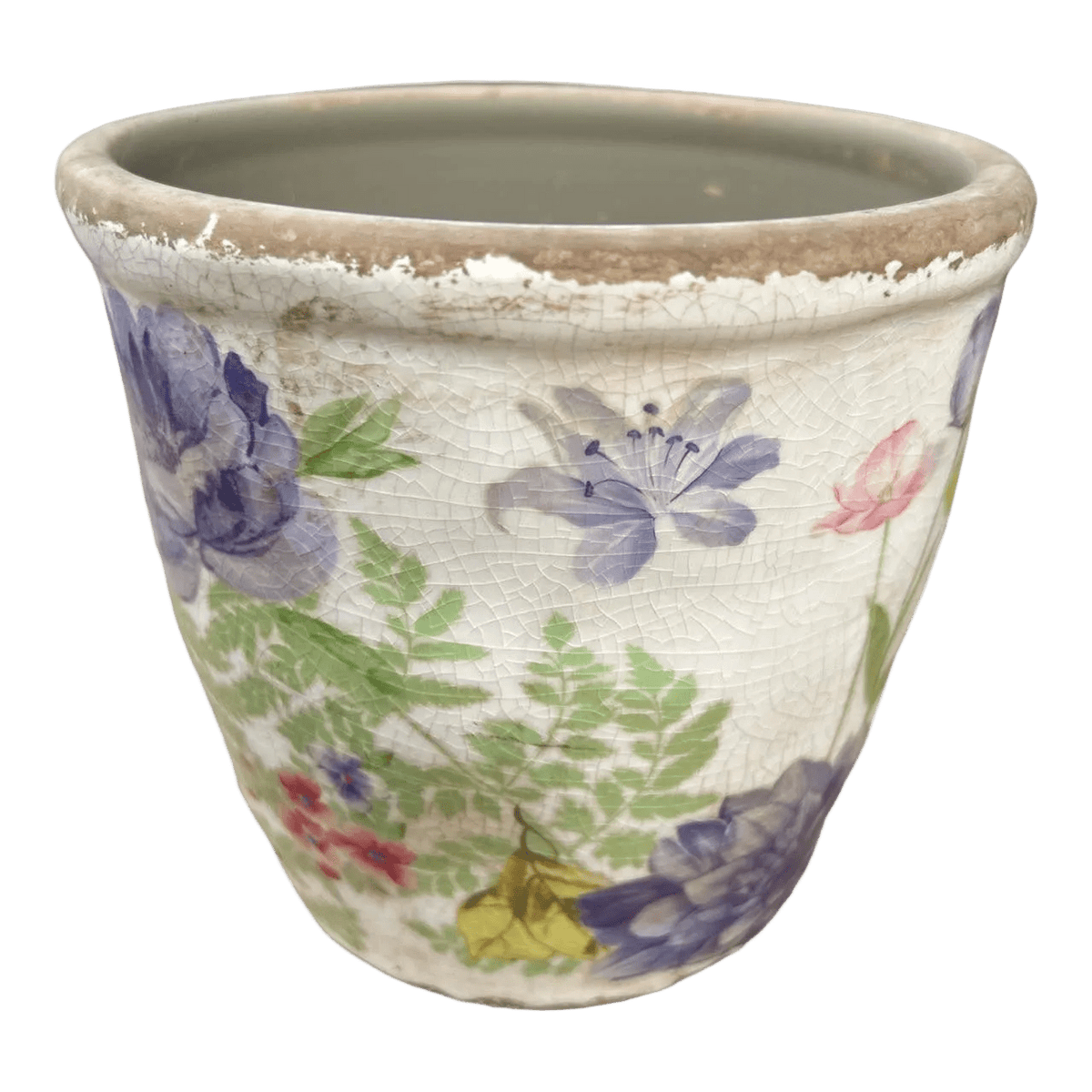 Ceramic Pot - Large Purple Flowers & Green Leaves