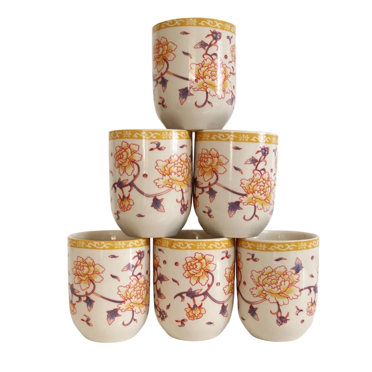 Ceramic Tea Cup Set of 6 - Red & Orange Flowers & Vines