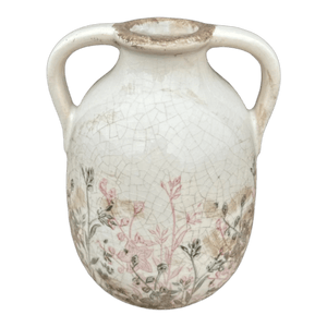 Ceramic Two Arm Vase - Green And Pink Floral Silhouettes - Future Decor