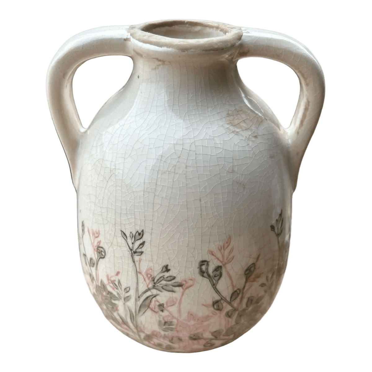 Ceramic Two Arm Vase - Green & Pink Floral Silhouettes